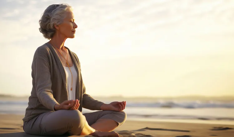 Frau meditiert beim Sonnenuntergang am Ostseestrand auf Rügen beim Meditationsangebot des Rugard Thermal Strandhotels.