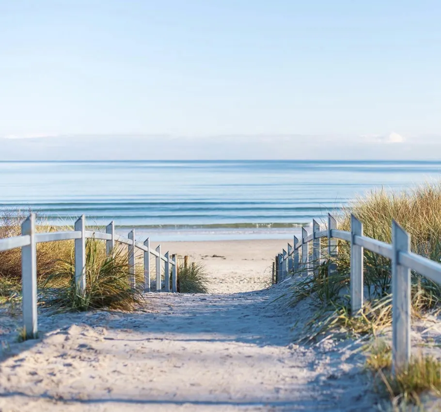 Strandweg zum Meer, gesäumt von Gräsern und einem Geländer bei einem Wellnesshotel Angebot an der Ostsee.