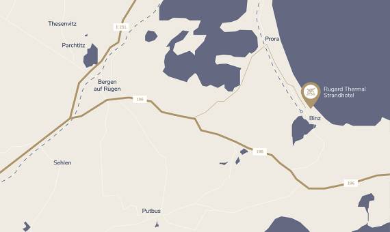 Die Karte zeigt die Lage des Rugard Thermal Strandhotels in Binz auf der Insel Rügen und die Anfahrtswege auf der Insel, die dorthin führen.