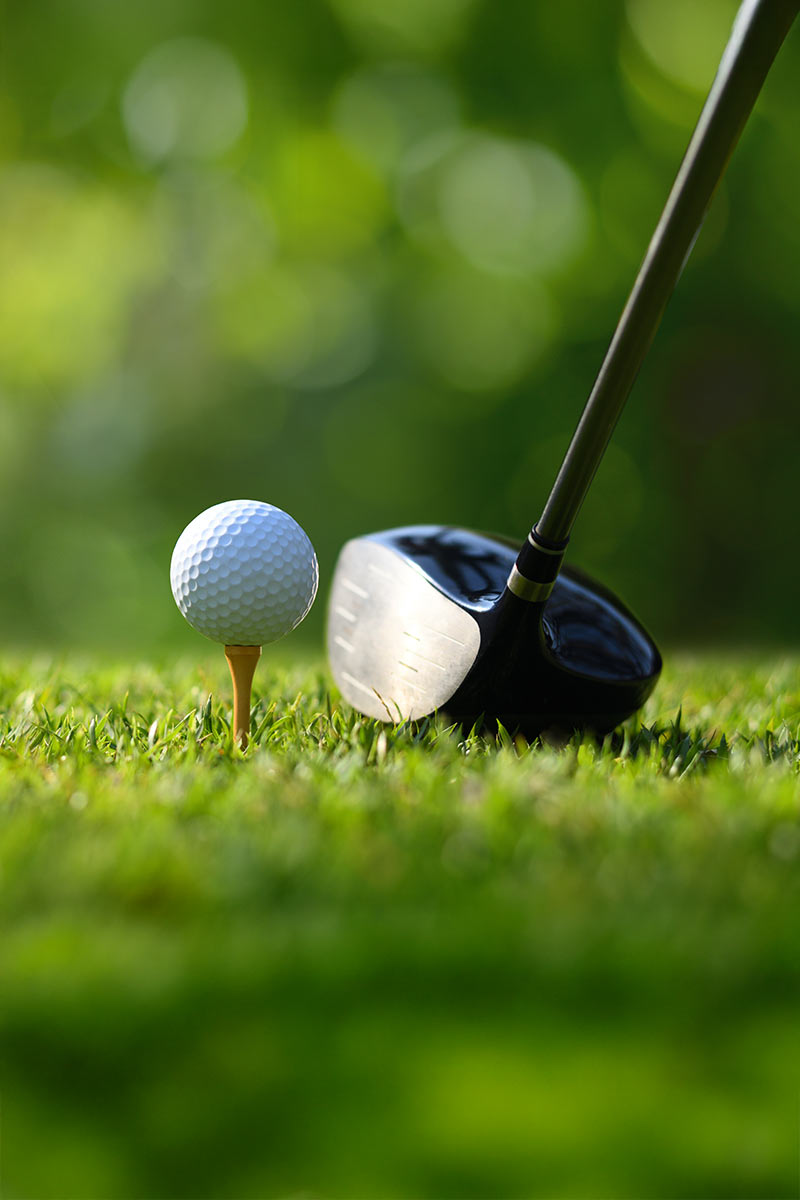 Close-up of golf ball and club on grass – Golf vacation at Rugard Thermal Strandhotel on Rügen