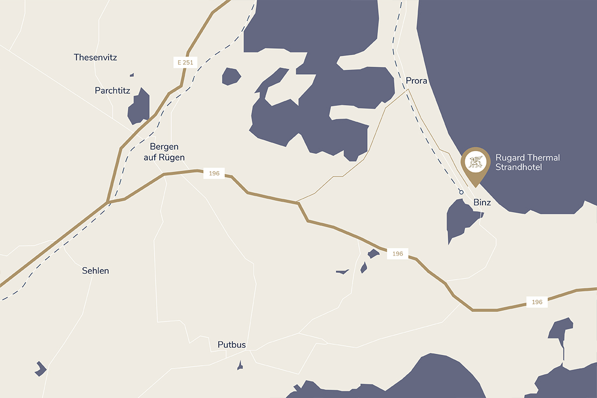 The map shows the location of the Rugard Thermal Strandhotel in Binz on the Isle of Rügen and the routes on the island to get there.